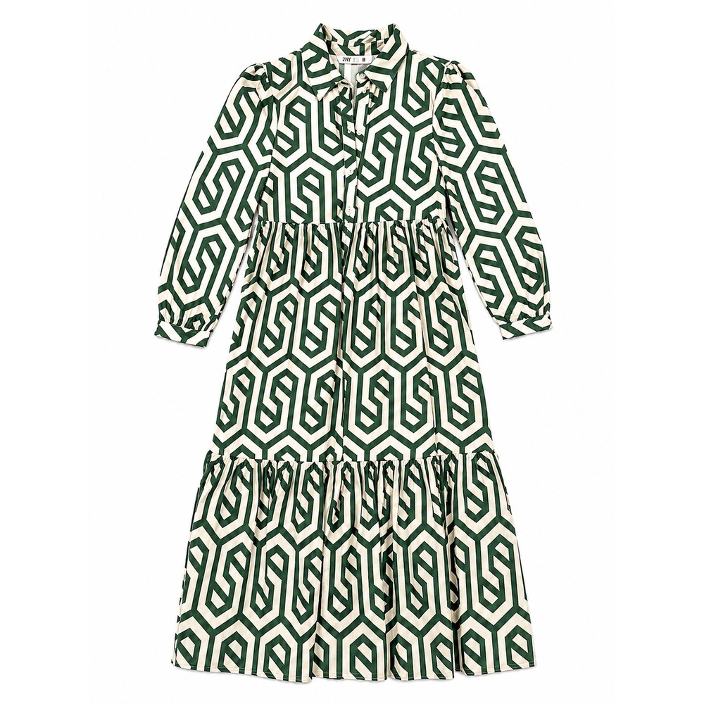 Zara Green Geometric Print Tiered Cotton Maxi Shirt Dress Long Sleeve Size Small